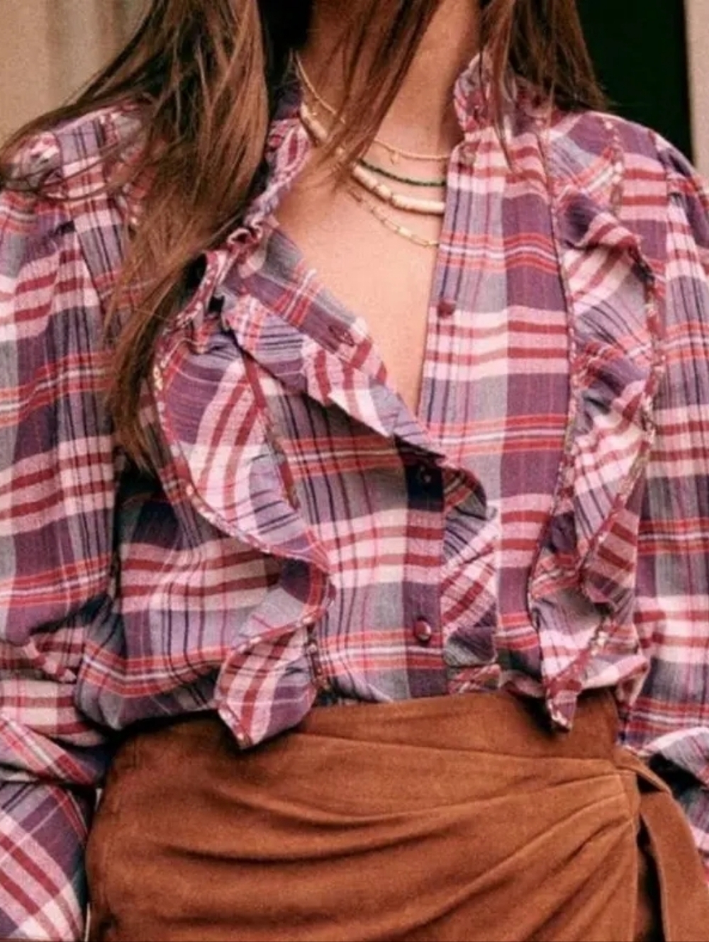 Sézane Purple and Pink Plaid Button-Up Blouse - Picture 6 of 6